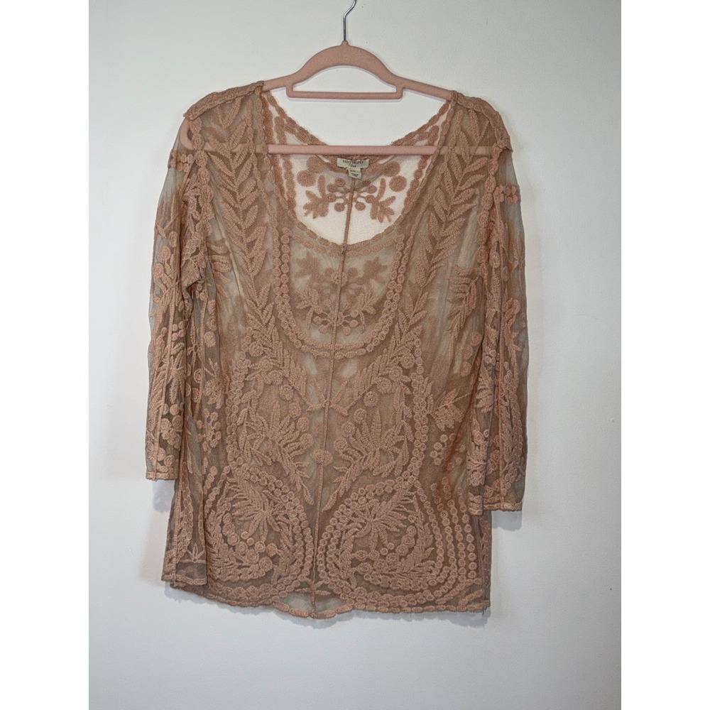 Womens XL Boho Sheer Embroidered Lace Mesh Tunic Top Dusty Pink Saint Tropez